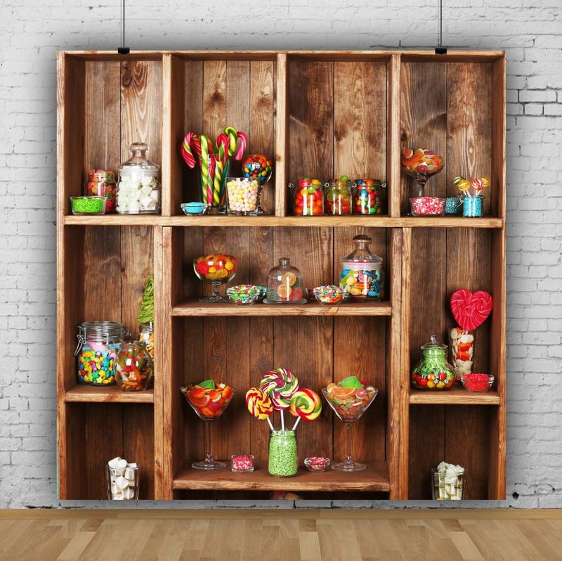 AOFOTO 6x6ft Sweet Candy Shop Backdrop Rustic Candy Bar Candies Lollipop Wooden Shelves Background for Photography Candyland Dessert Theme Party Decoration Vinyl Wallpaper Kids Portrait Photo Props - Image 2